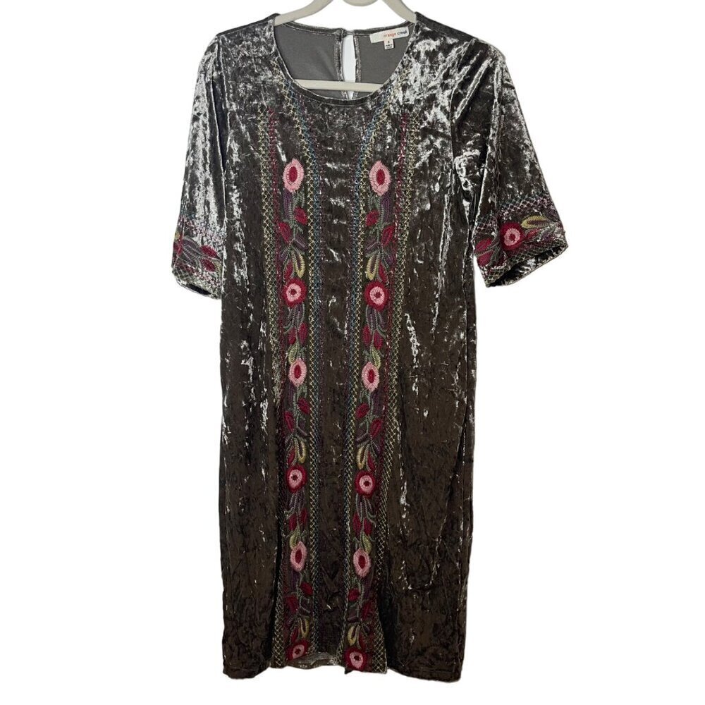 Orange Creek Womens Dress Size Small Green Crushed Velvet Embroidered Floral